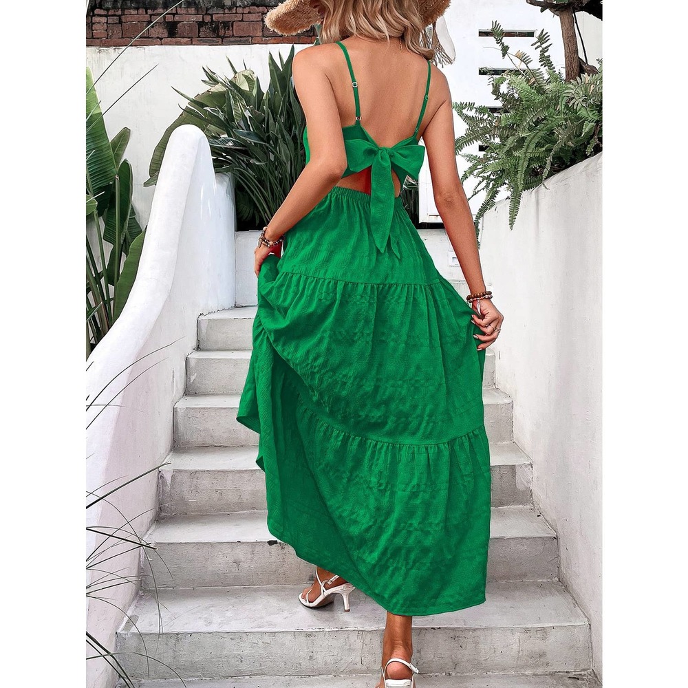 hot pink boho Solid Ruffle Hem Cami maxi Dress - Picture 8 of 11